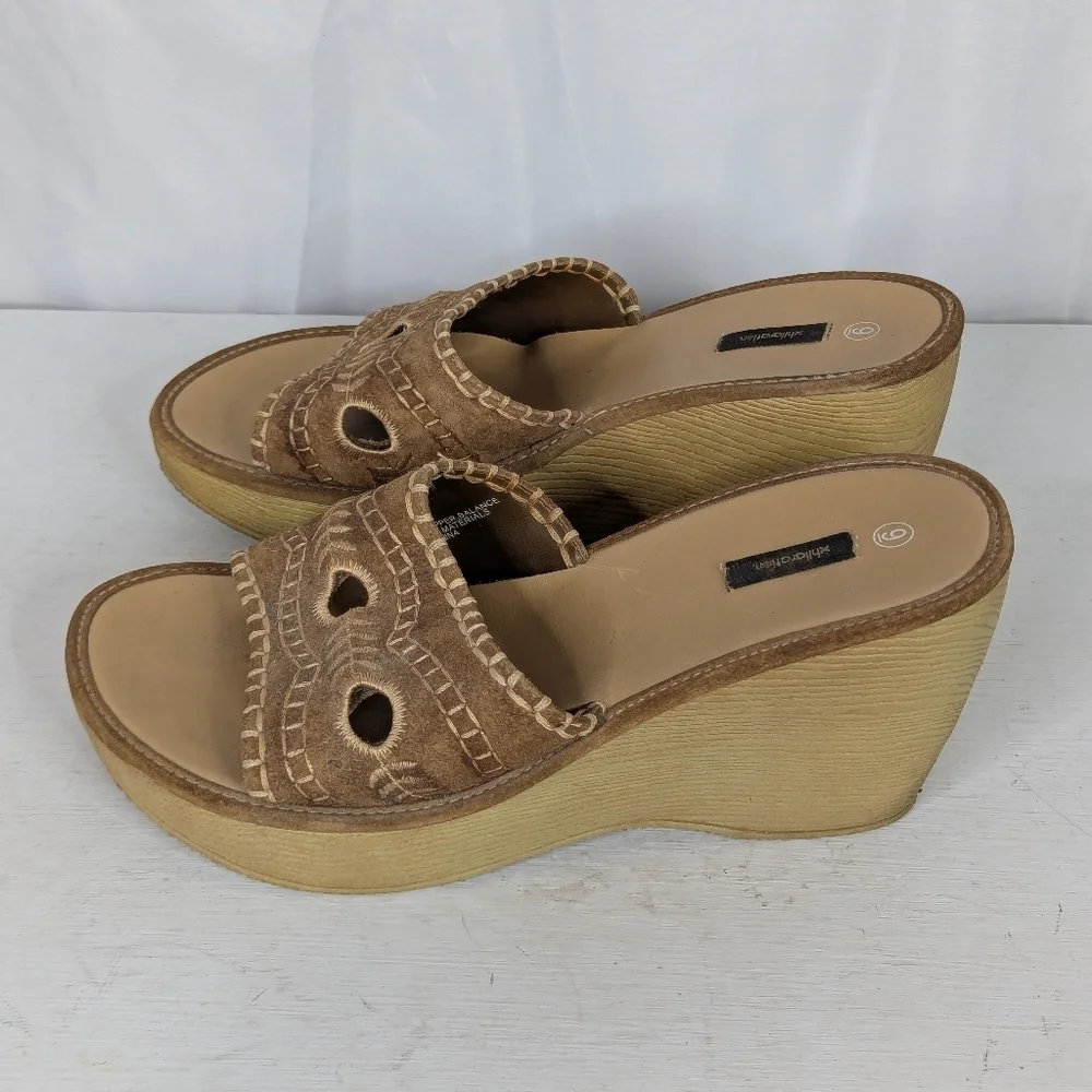 Vintage Xhilaration Y2K Chunky Leather Floral Faux Wood Slide Mules Sandals - 9 - Picture 5 of 9